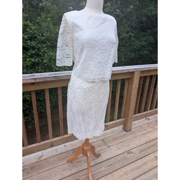 Vintage 1950s Wedding Two Piece Set Lace Handmade Small Ivory Top Skirt Suit - Picture 2 of 13